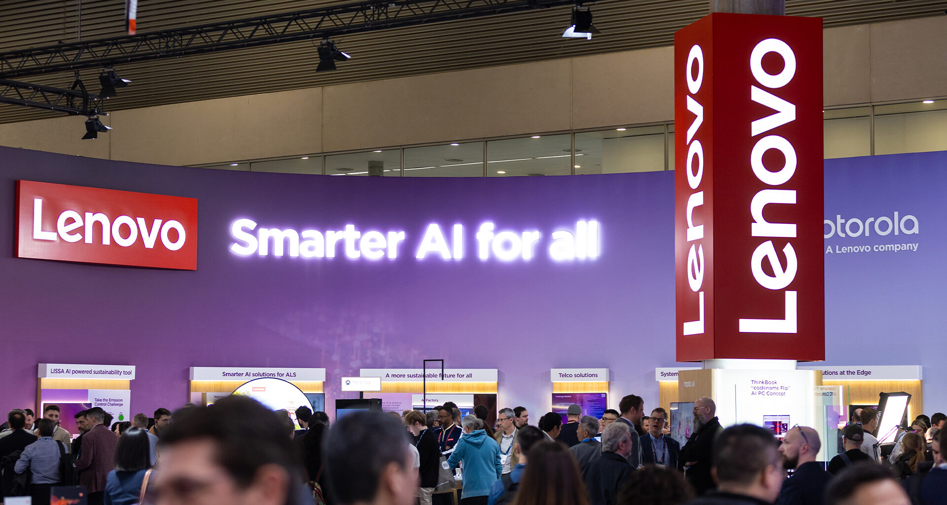 Lenovo logo and branding pictured at the company booth at Mobile World Congress (MWC) 2025 in Barcelona, Spain.
