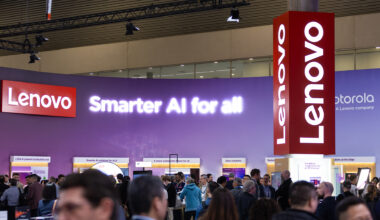 Lenovo logo and branding pictured at the company booth at Mobile World Congress (MWC) 2025 in Barcelona, Spain.