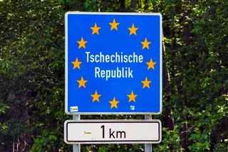 Johanngeorgenstadt, Germany - June 11, 2023: Border sign at German-Czech border in Johanngeorgenstadt
