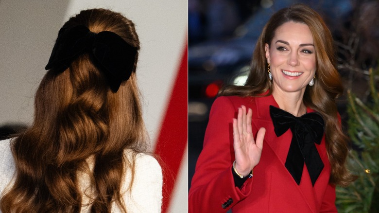Side-by-side photos of Kate Middleton wearing bows