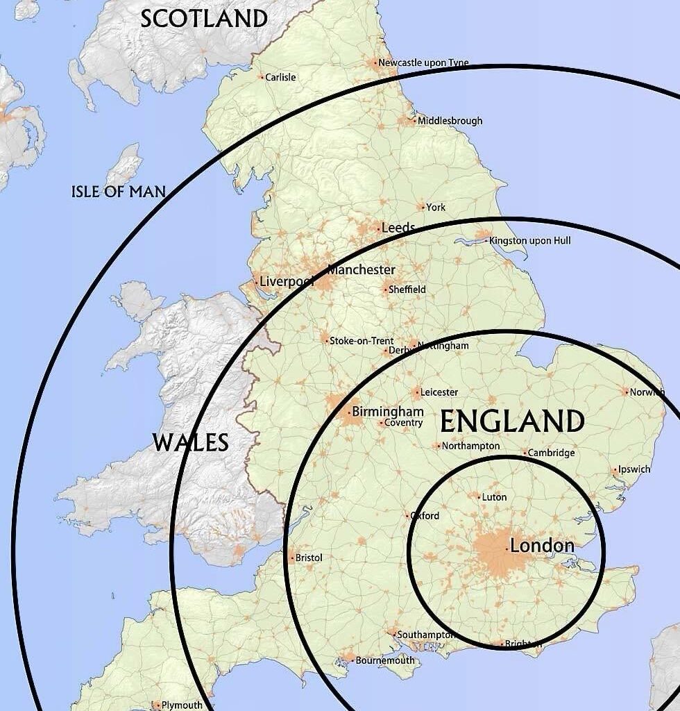 Newcastle and Penzance are equally as far from London as each other.