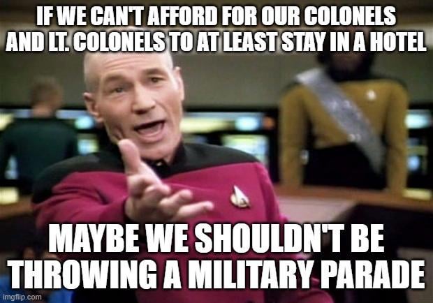 Lt. Colonels and Colonels being flown in for Trump's Birthday Parade are told they'll be sleeping on cots because of budget cuts