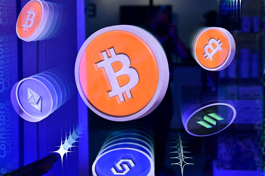 Logos of Bitcoin and different cryptocurrencies. 
