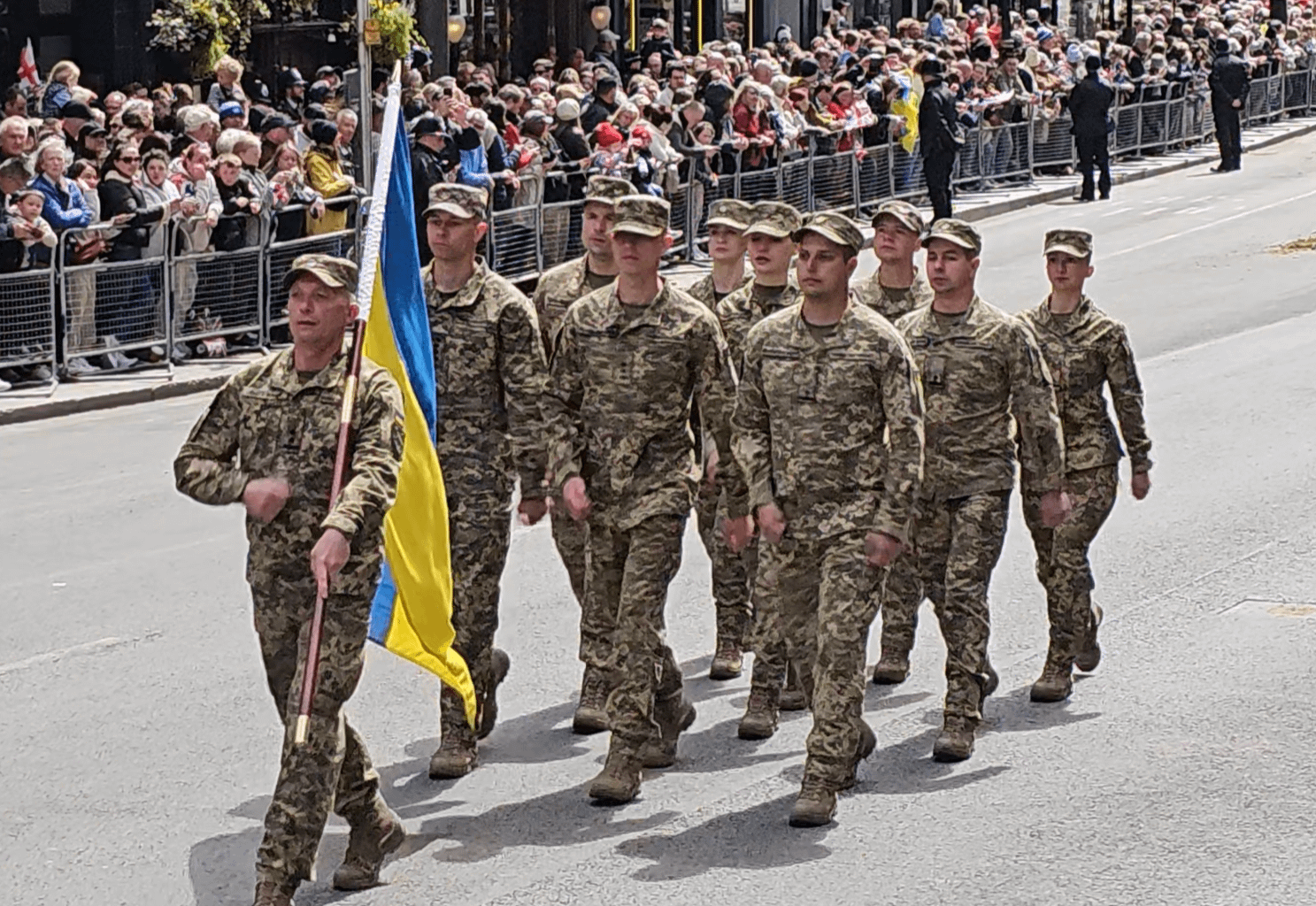 Ukrainian soldiers march in the VE Day Parade along Whitehall.