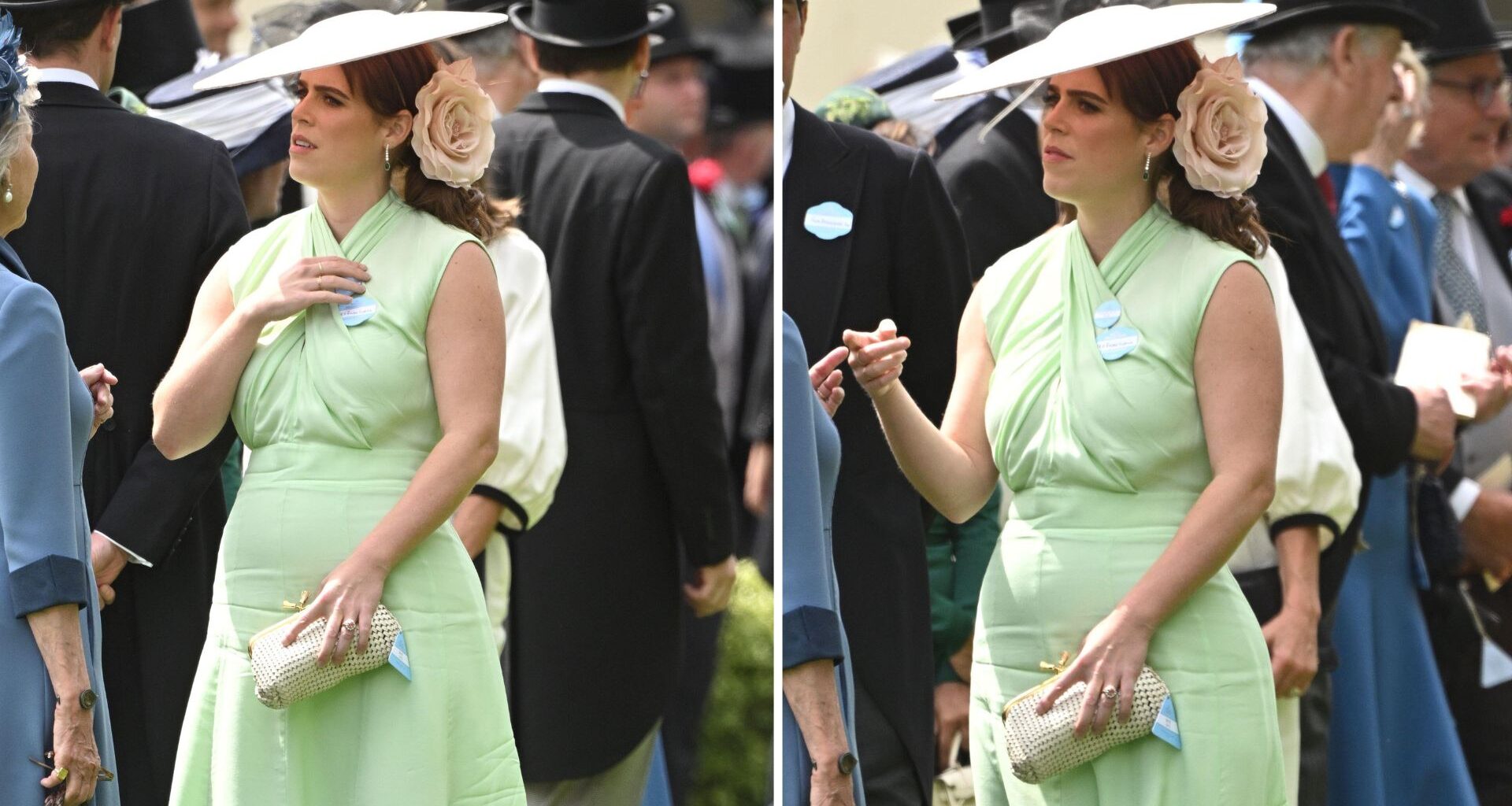 Composite of two pictures of Princess Eugenie wearing an apple green dress and emerald earrings on Day 1 of Royal Ascot 2024