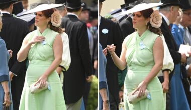 Composite of two pictures of Princess Eugenie wearing an apple green dress and emerald earrings on Day 1 of Royal Ascot 2024