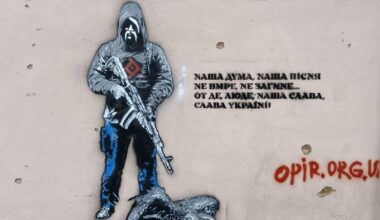 Murals depicting a Ukrainian warrior and a slain Russian double-headed eagle. In war-torn Orikhiv, Zaporizhzhia region, 5 km from the frontline, Ukrainian artists create powerful murals on walls of buildings destroyed by Russia as symbols of resistance, resilience. Artists Yermolenko, Titov, Bryliov