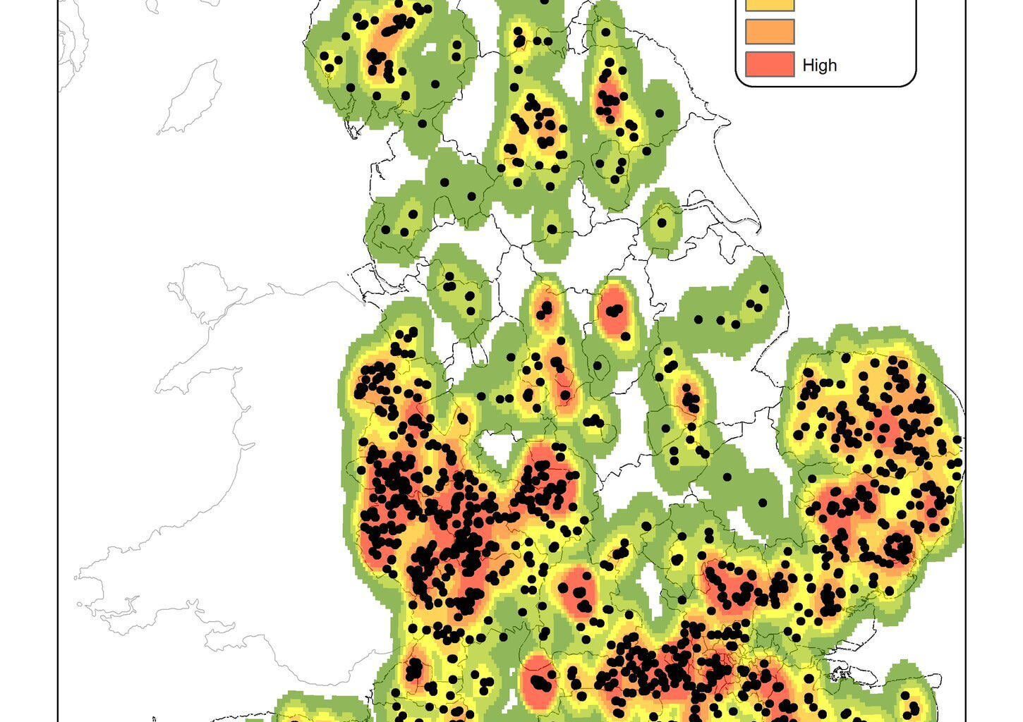 The Ancient Oaks of England: Distribution and density map of 3,300 oaks in England with a girth greater than 6 metres