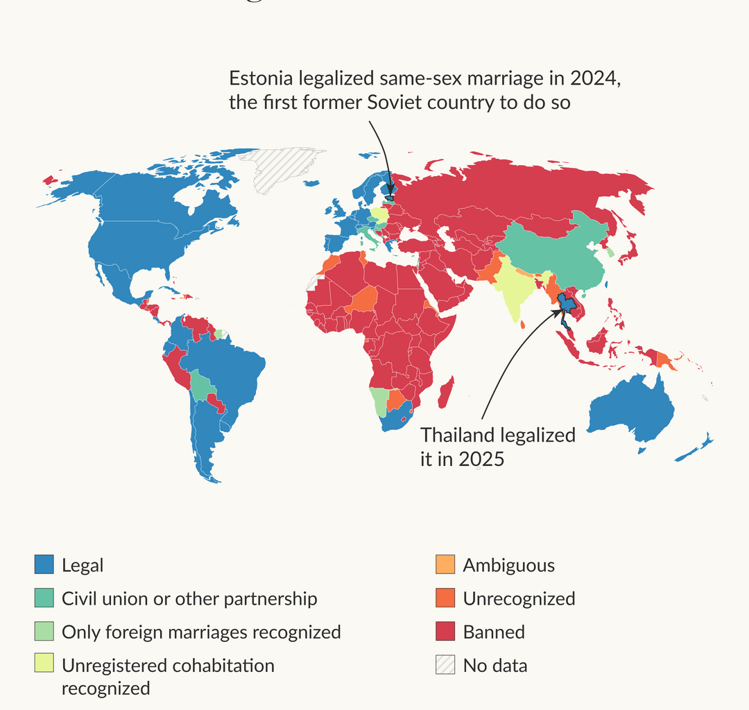 [OC] How do the rights of LGBT+ people vary across the world?
