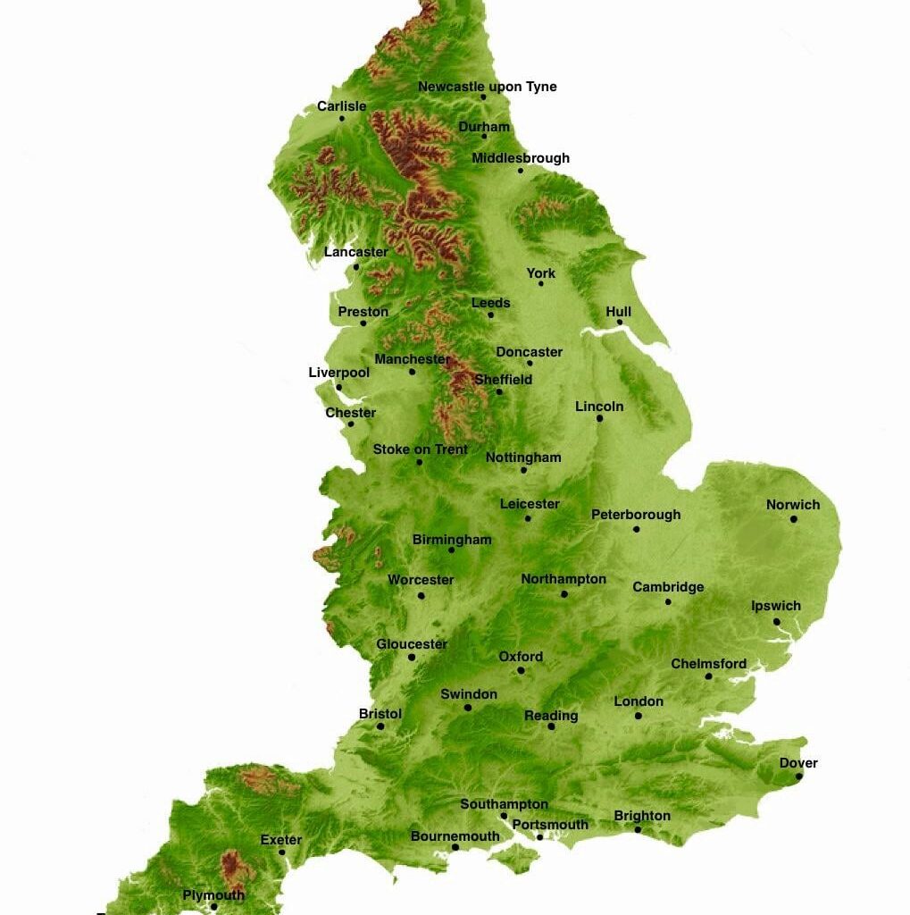 Map of England's Topography with Cities/ Towns