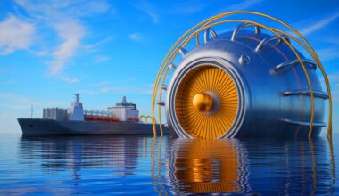 Illustration of a next-generation liquid lead-cooled nuclear reactor designed for maritime energy applications. Image generated by AI.