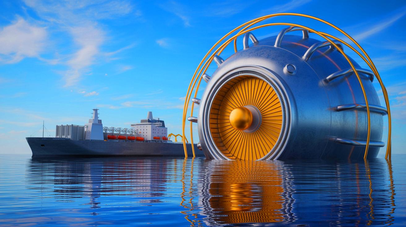 Illustration of a next-generation liquid lead-cooled nuclear reactor designed for maritime energy applications. Image generated by AI.