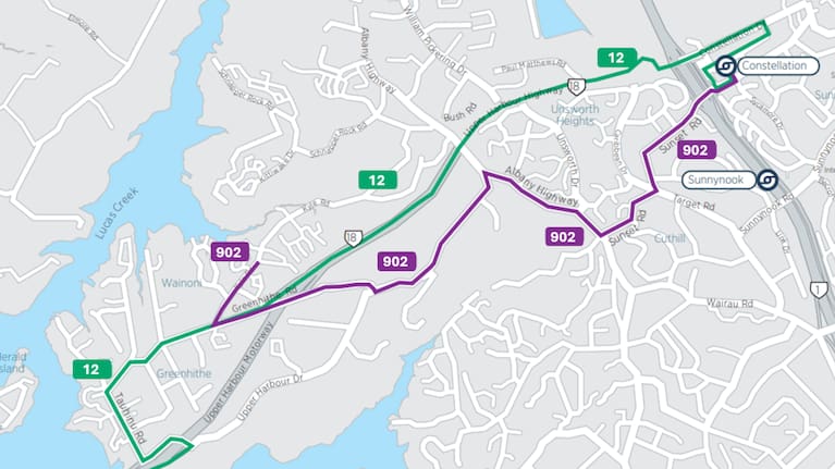 Route 12 (green line) and route 902 (purple line) are highlighted