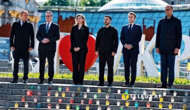 The Prime Minister of Poland, Donald Tusk next to the Prime Minister of the United Kingdom, Keir Starmer - with First Lady Olena Zelenska, and President of Ukraine Volodymyr Zelensky, with President of France Emmanuel Macron, and German Chancellor Friedrich Merz - in Kyiv.