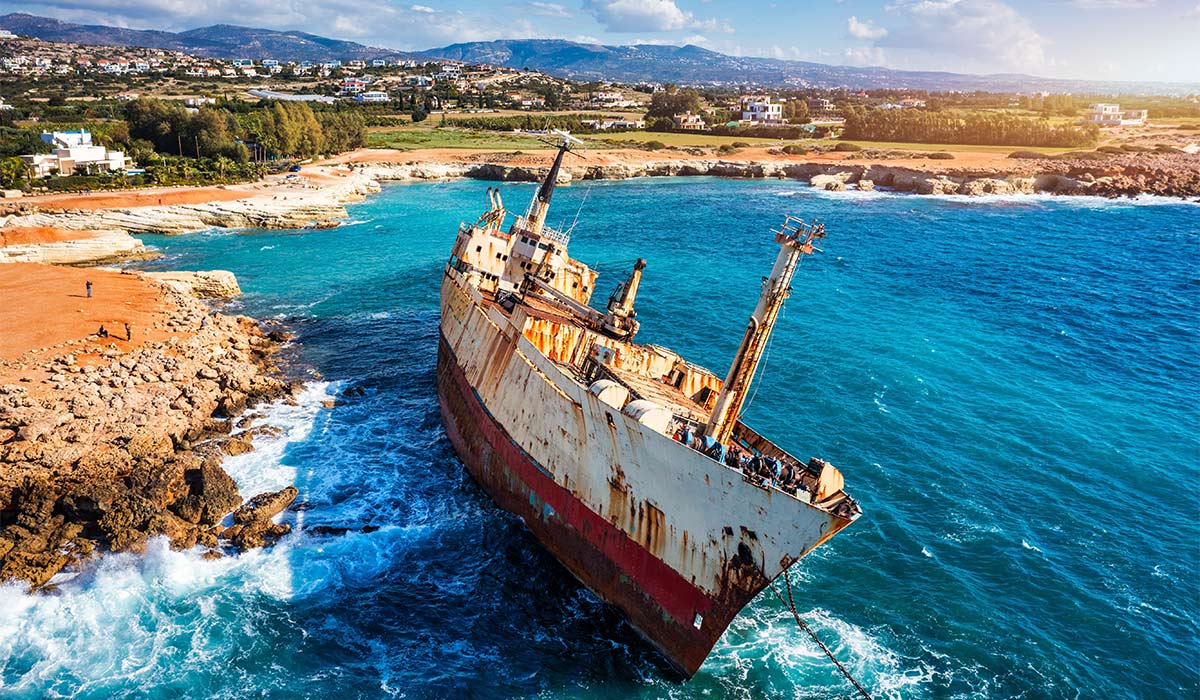 Abandoned Edro III Shipwreck at seashore of Peyia, near Paphos, Cyprus. Pic: Shutterstock