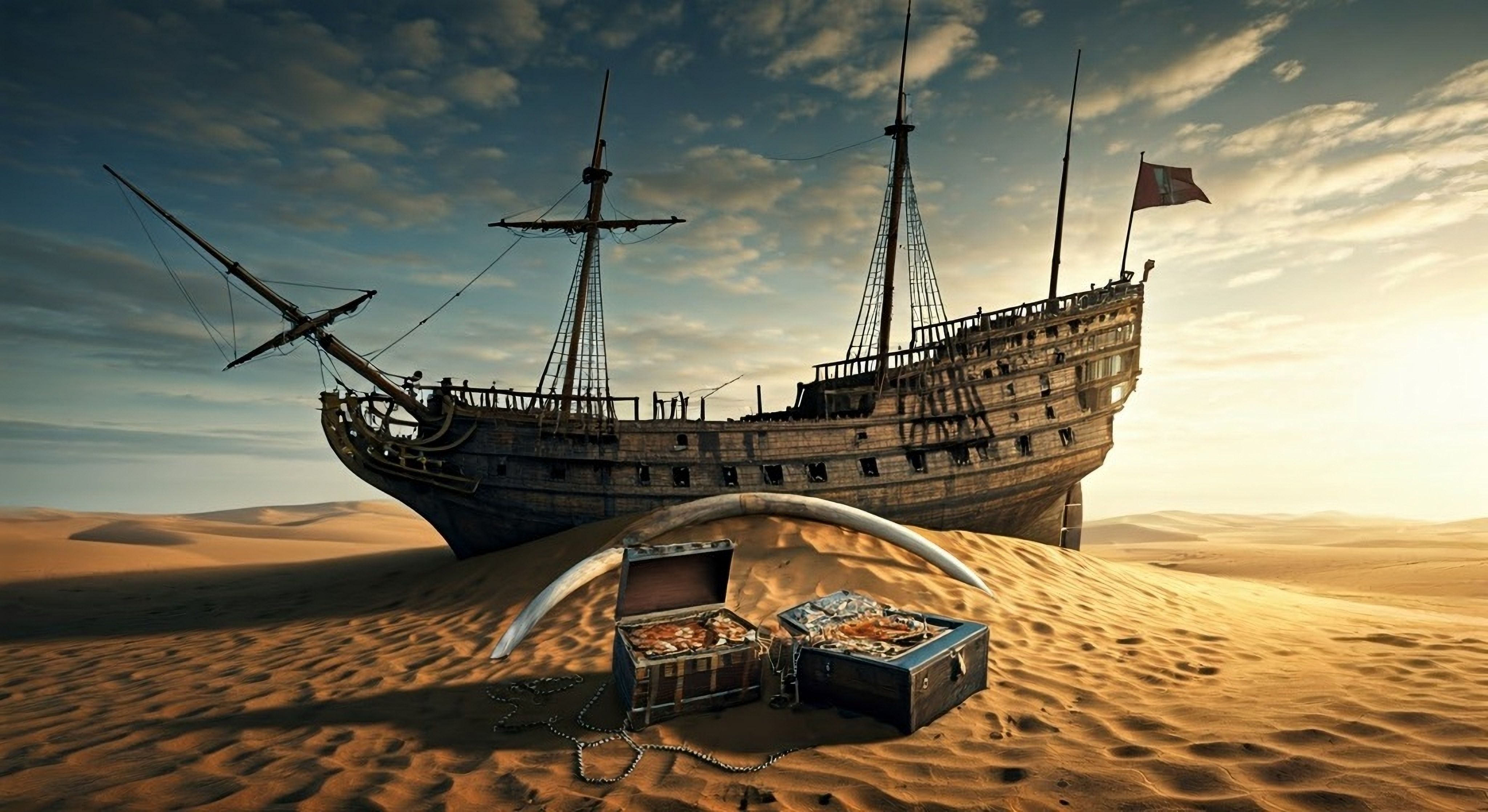 AI-generated image of a shipwreck and chest of gold in the African desert