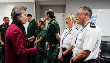 The Princess Royal met with representatives from the Merseyside Fire and Rescue Service. Pic: PA