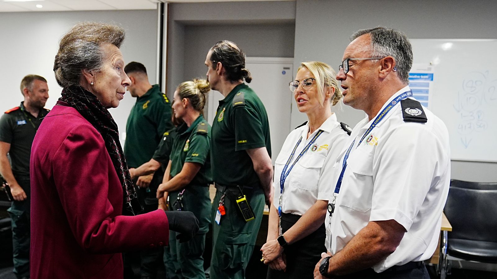 The Princess Royal met with representatives from the Merseyside Fire and Rescue Service. Pic: PA