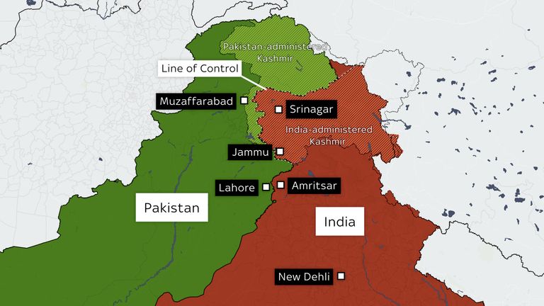 Map of where explosions were reported in Kashmir and from where