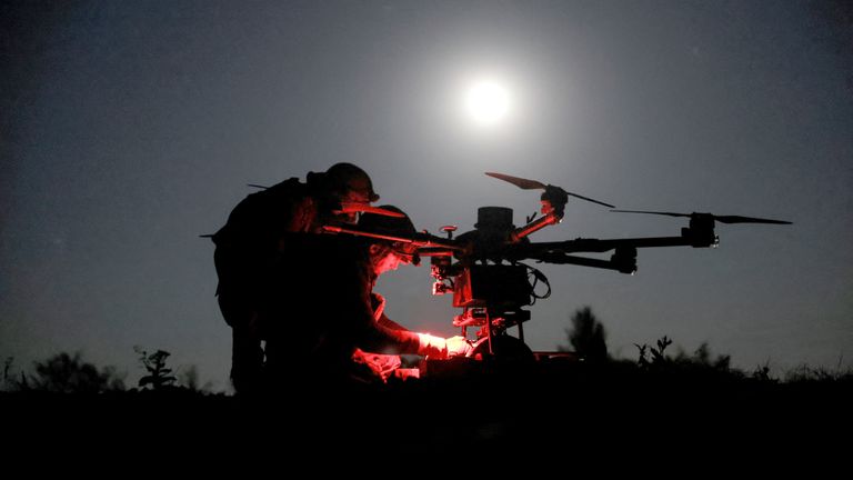 Servicemen of 24th Mechanized King Danylo Brigade prepare a Kazhan heavy combat drone  near the frontline town of Chasiv Yar.
Pic:24th King Danylo Separate Brigade/Reuters