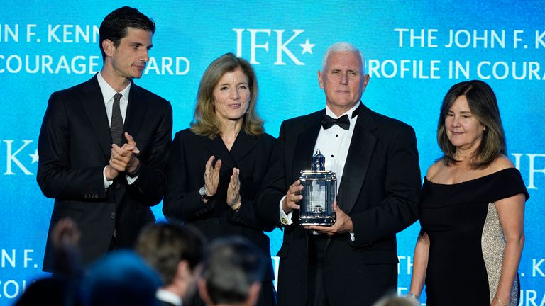 (L-R) Jack Schlossberg, Caroline Kennedy, Mike Pence and Karen Pence. Pic: AP