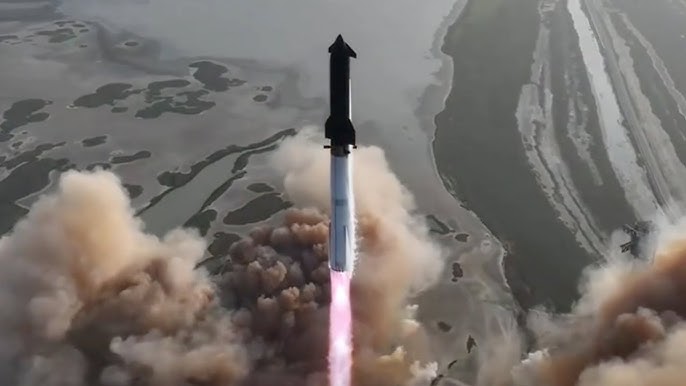 Space vehicle launching above a beach.