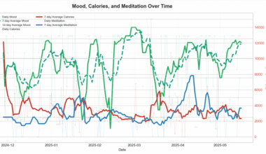 I recorded my calories, meditation time and mood over a period of 6 months. Here is my data and my findings