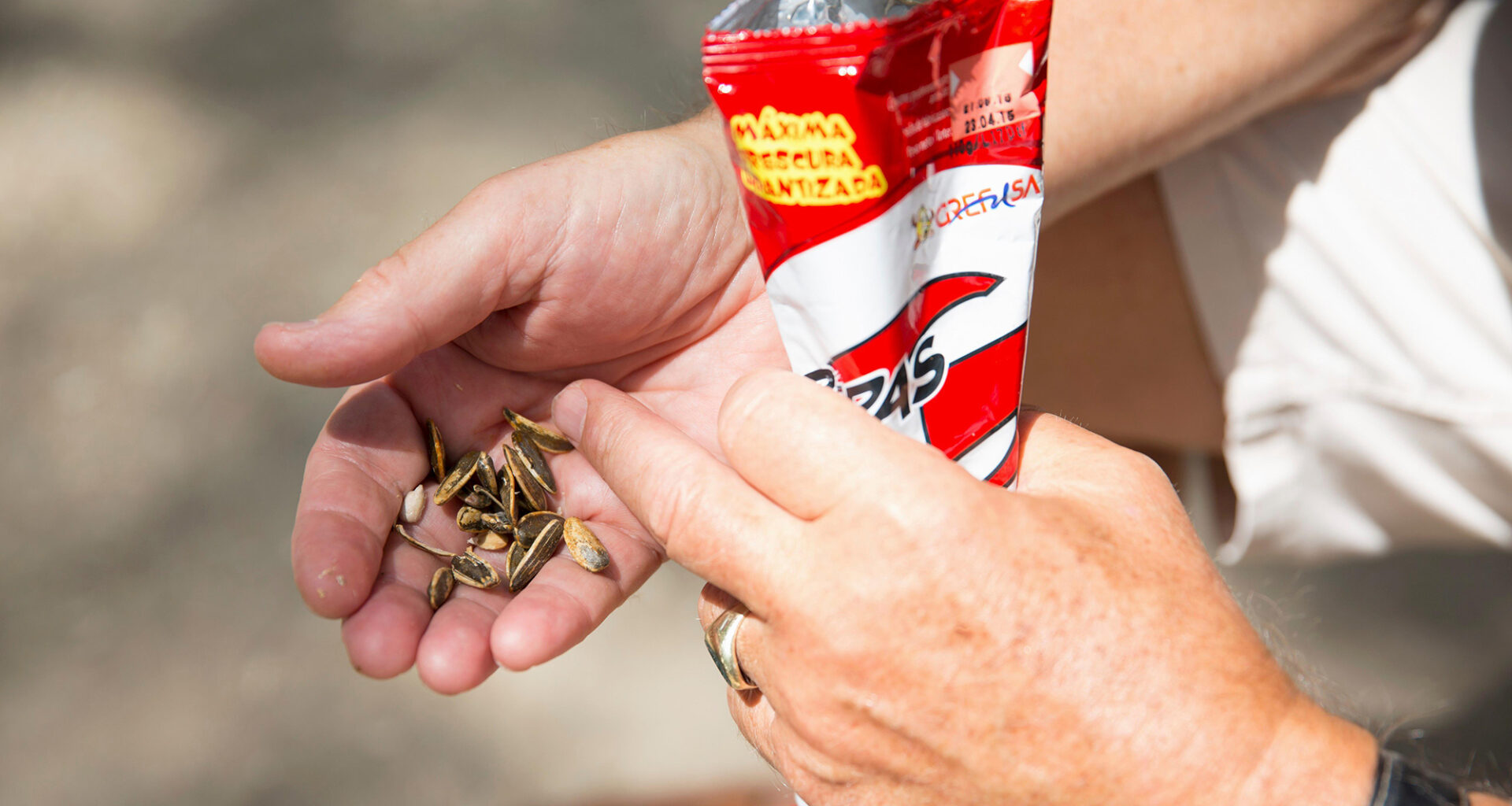 A man shelling 'pipas' (sunflower seeds) in Retiro Park, Madrid, Spain