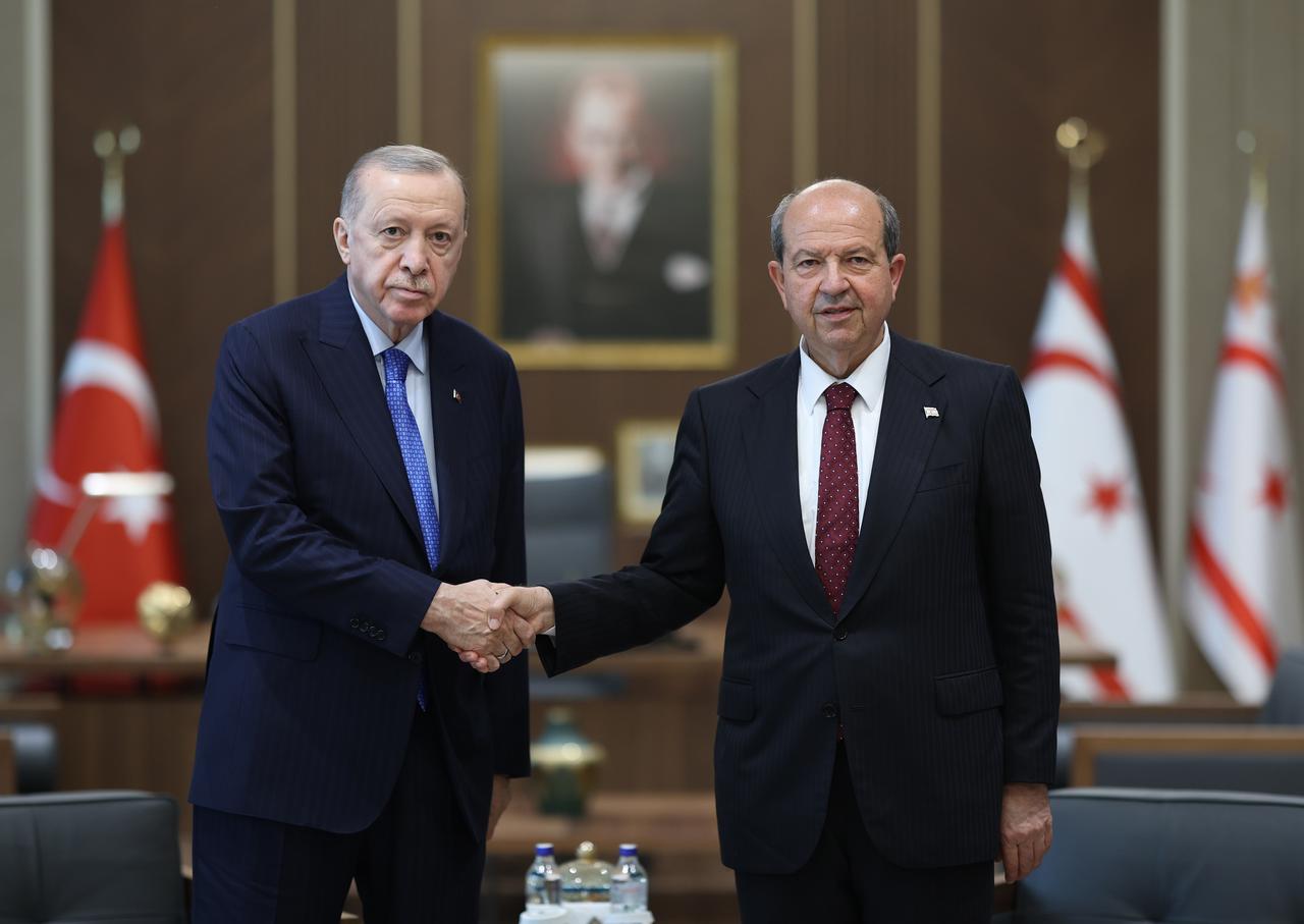 LEFKOSIA, TRNC - MAY 3: (----EDITORIAL USE ONLY - MANDATORY CREDIT - 'TURKISH PRESIDENCY / MUSTAFA KAMACI / HANDOUT' - NO MARKETING NO ADVERTISING CAMPAIGNS - DISTRIBUTED AS A SERVICE TO CLIENTS----) Turkish President Recep Tayyip Erdogan and Turkish Republic of Northern Cyprus (TRNC) President Ersin Tatar (not seen) review the ceremonial guard together during an official ceremony as they attend the ribbon-cutting ceremony at the TRNC Presidential and Republic Assembly Complex in Lefkosia, TRNC on May 03, 2025. ( Turkish Presidency / Mustafa Kamaci - Anadolu Agency )