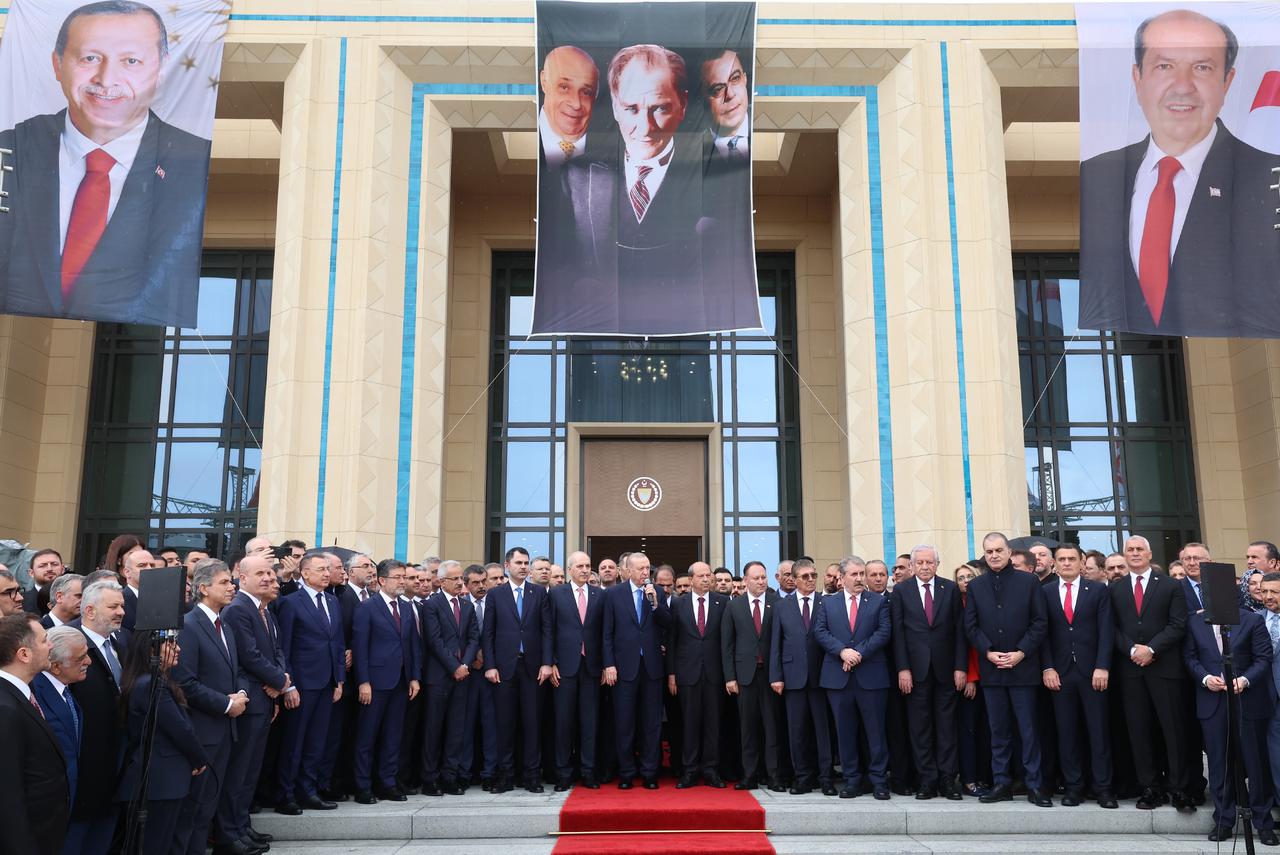 LEFKOSIA, TRNC - MAY 3: (----EDITORIAL USE ONLY - MANDATORY CREDIT - 'TURKISH PRESIDENCY / MUSTAFA KAMACI / HANDOUT' - NO MARKETING NO ADVERTISING CAMPAIGNS - DISTRIBUTED AS A SERVICE TO CLIENTS----) Turkish President Recep Tayyip Erdogan and Turkish Republic of Northern Cyprus (TRNC) President Ersin Tatar (not seen) review the ceremonial guard together during an official ceremony as they attend the ribbon-cutting ceremony at the TRNC Presidential and Republic Assembly Complex in Lefkosia, TRNC on May 03, 2025. ( Turkish Presidency / Mustafa Kamaci - Anadolu Agency )