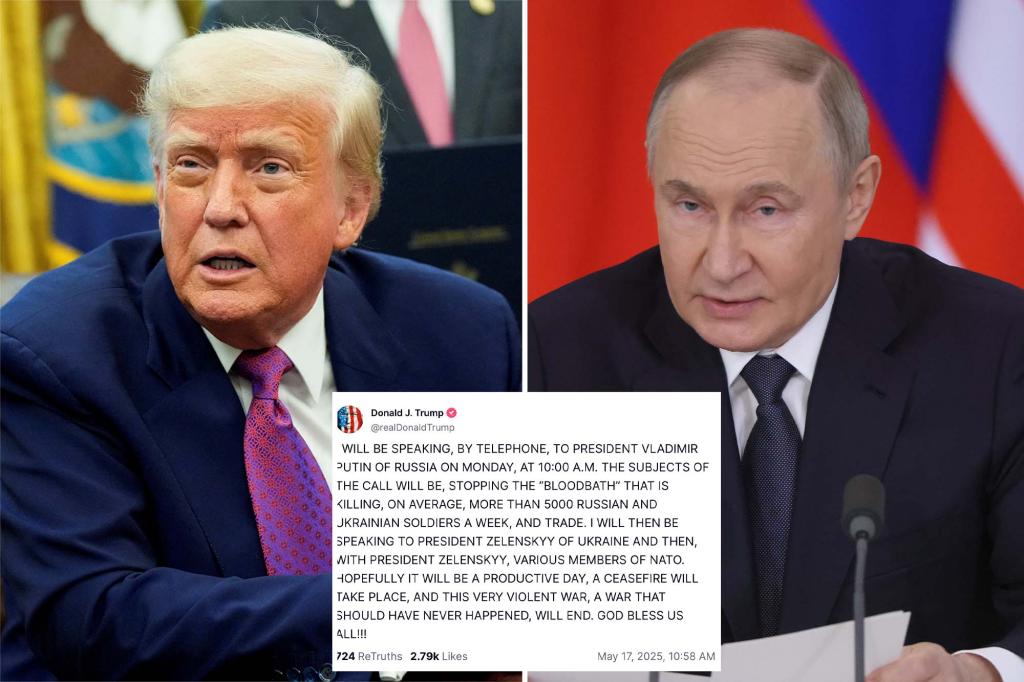 Trump announces Monday phone call with Vladimir Putin to stop 'bloodbath' in Ukraine
