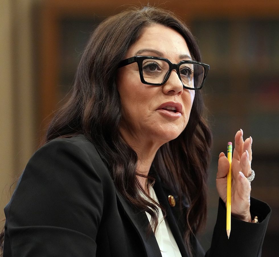 \u200bUS Labor Secretary Lori Chavez DeRemer speaking with pencil in hand