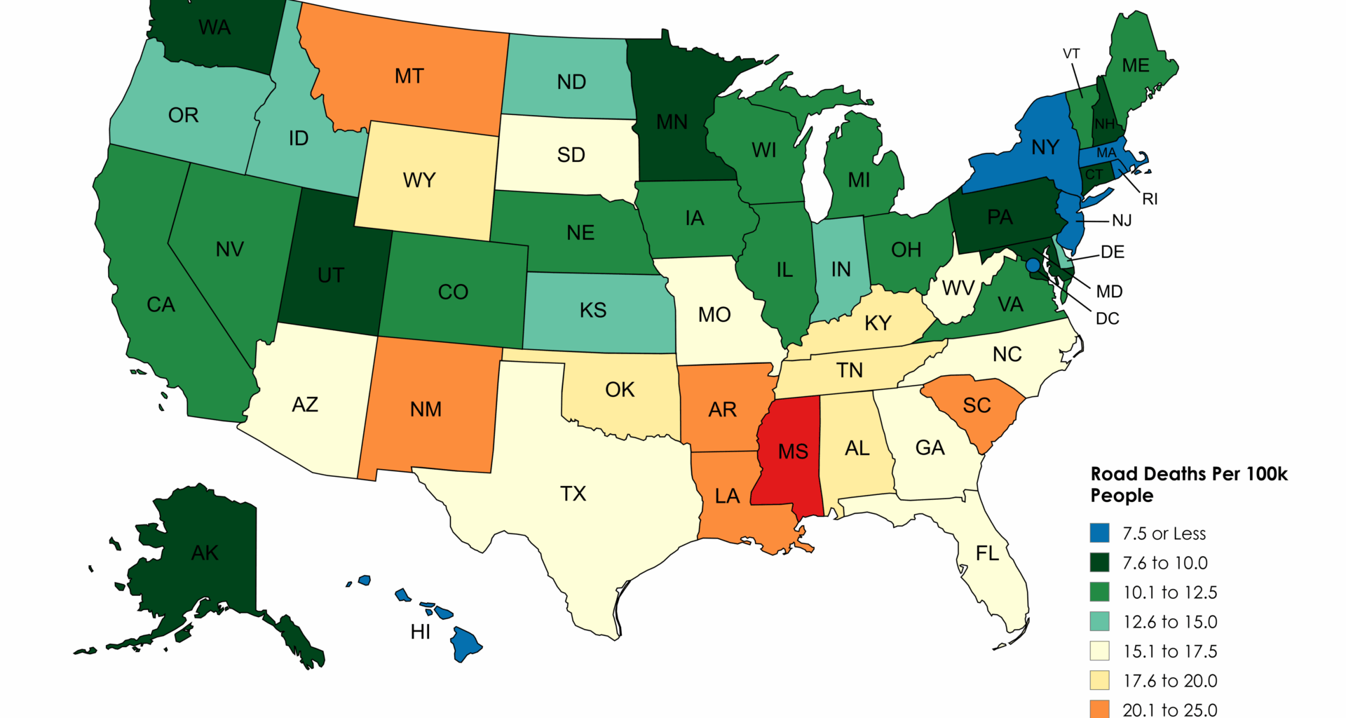 [OC] Road Deaths Per 100k People by U.S. State (2021 Data From NHTSA)