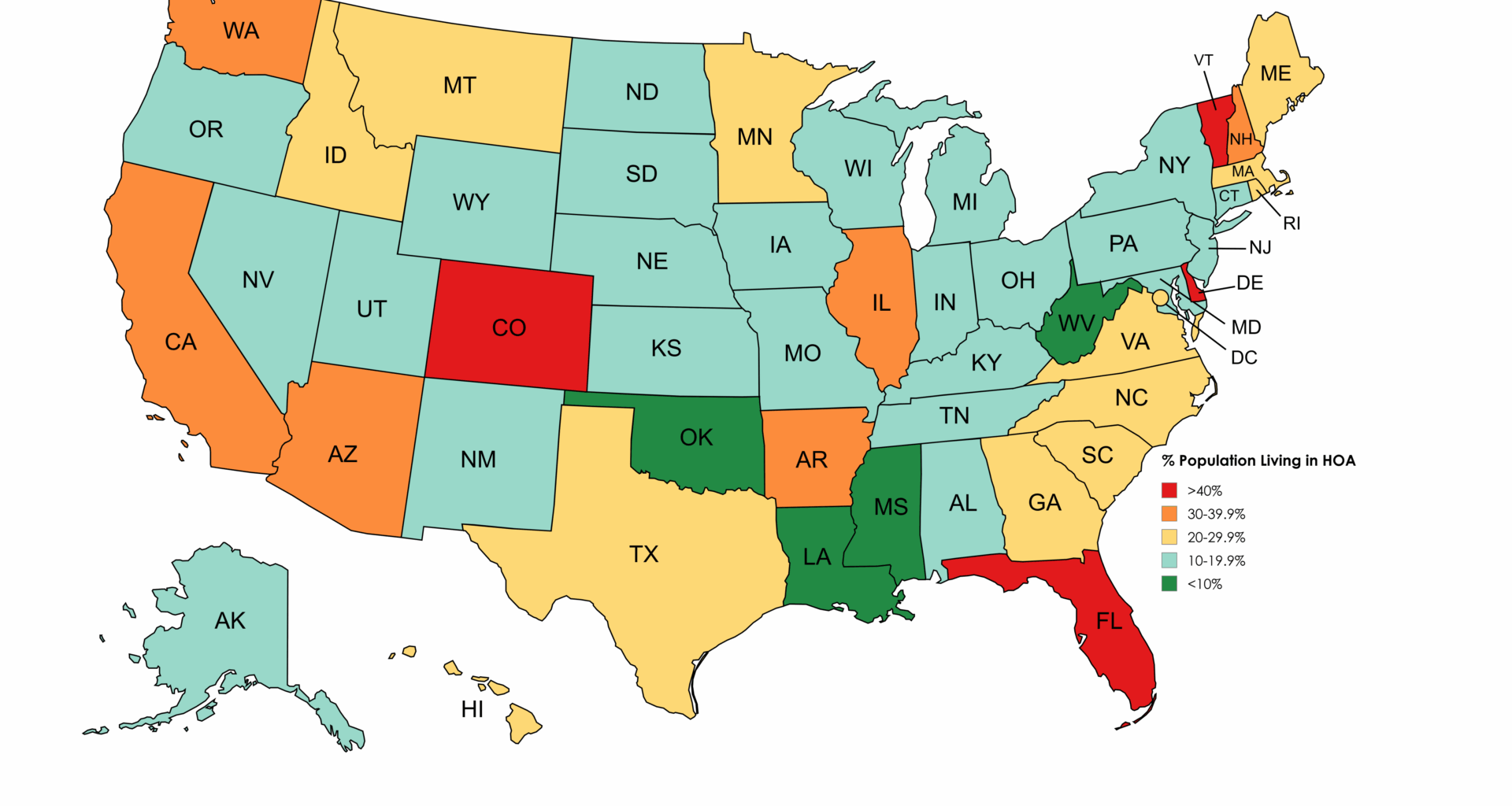 [OC] % Population Living in HOA by U.S. State (Source: Foundation for Community Association Research)