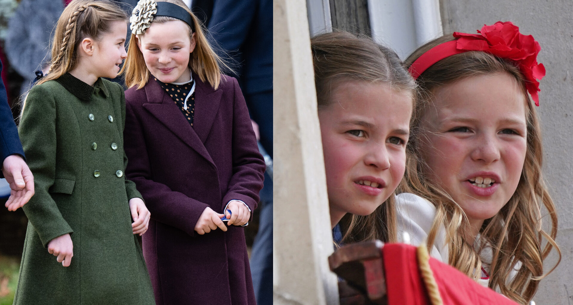 Princess Charlotte and Mia Tindall talking and smiling next to a picture of them hanging out a window
