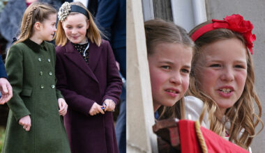 Princess Charlotte and Mia Tindall talking and smiling next to a picture of them hanging out a window