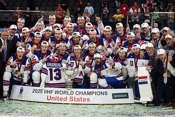 ​USA lift the IIHF trophy after the 2025 Ice Hockey World Championship match between Switzerland and USA​