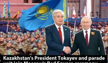 Kazakhstan's parade unit and President Tokayev attended the Moscow Red Square ceremony, joined by 13 foreign states' march units. The narrator announced them as servicemen of friendly armies. Participating in an event hosted by an aggressor state is shameful and undermines global security.