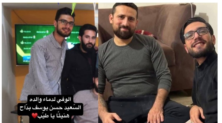 Mohammad Hadi Saleh (wearing glasses) in photos with Hezbollah operatives killed by Israel (al-Janoubiya, May 16, 2025)