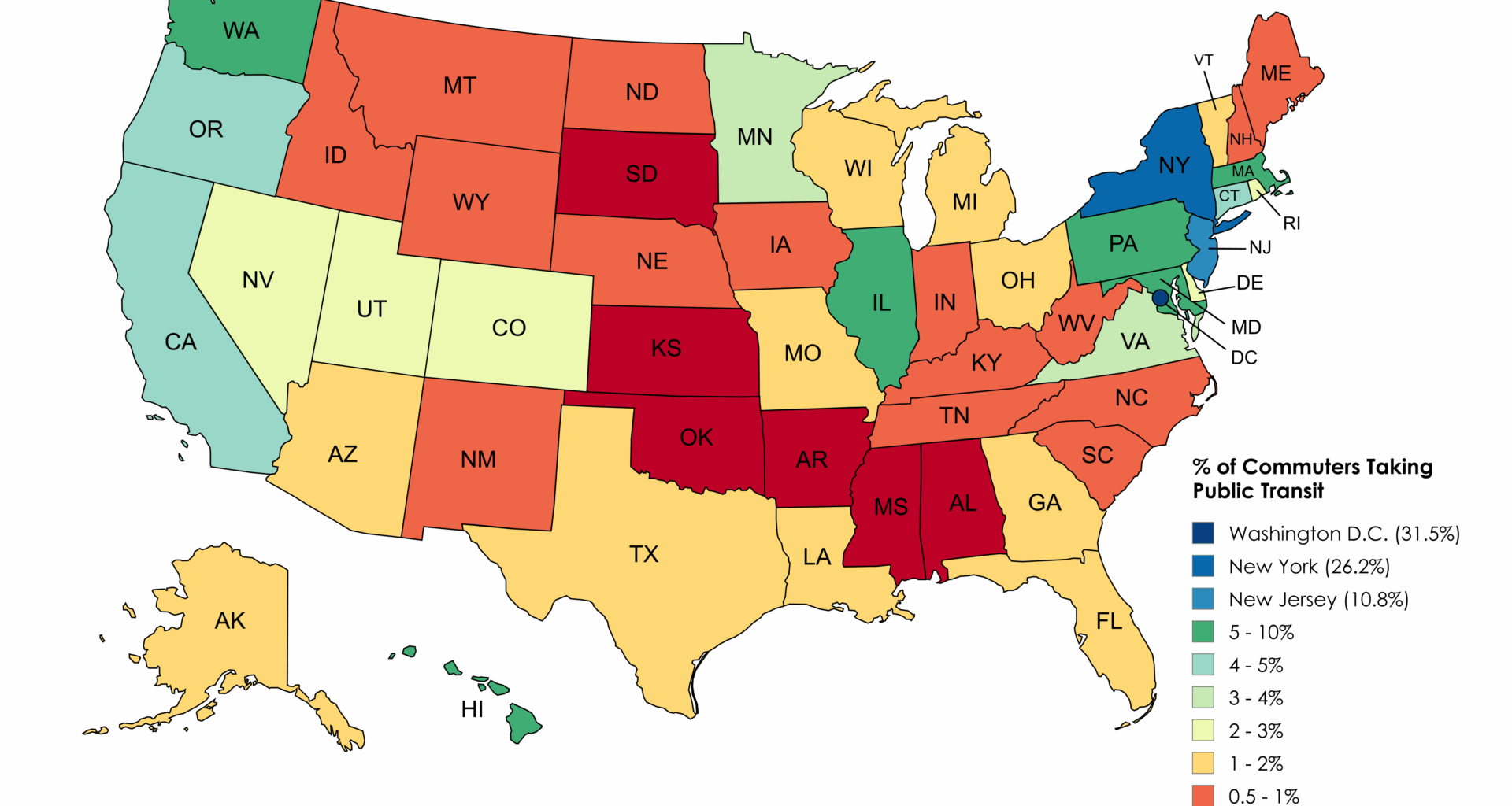 [OC] % of Commuters Taking Public Transit (Source: Census Bureau - American Community Survey for 2023)