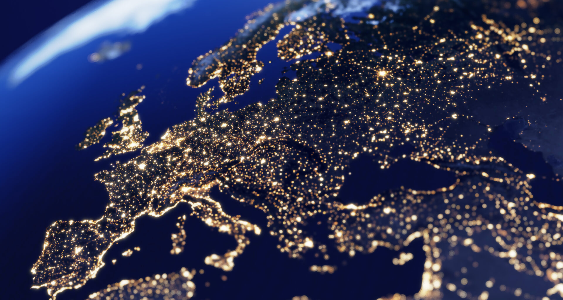 view of Europe from space with city lights