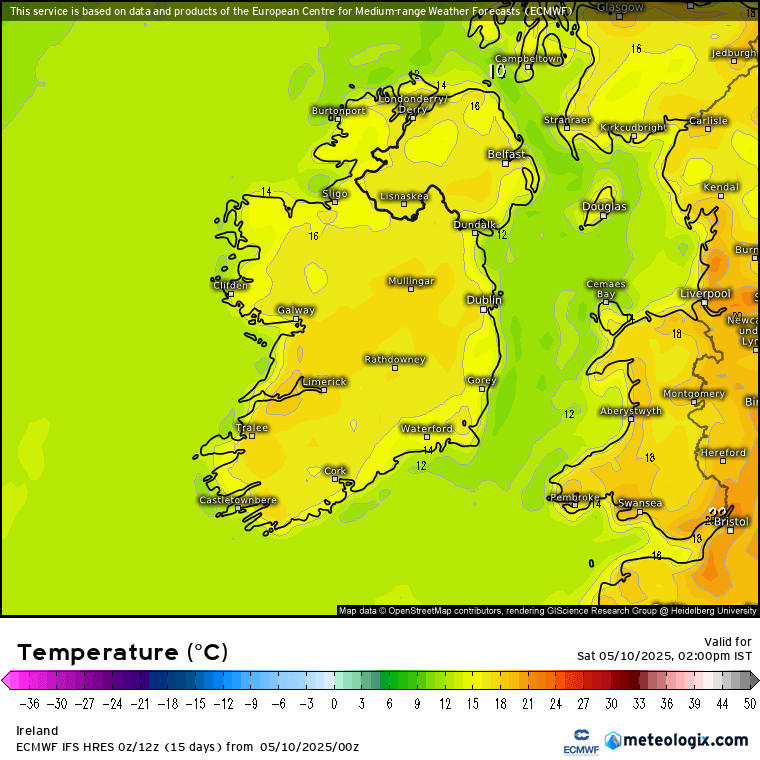 Ireland temperature forecast map.