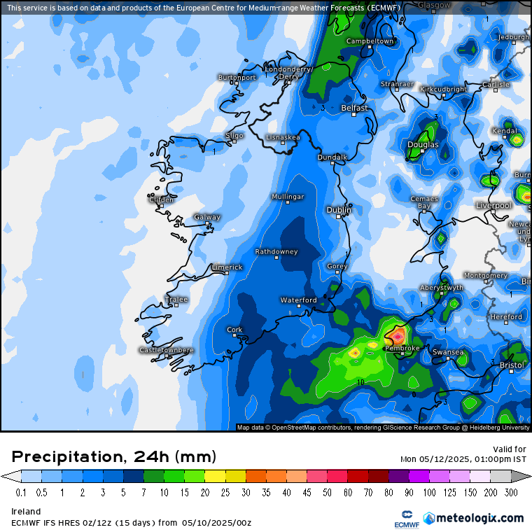 24-hour precipitation map of Ireland and surrounding areas.