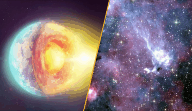 Split image of the Earth's core and strange signals coming from deep space