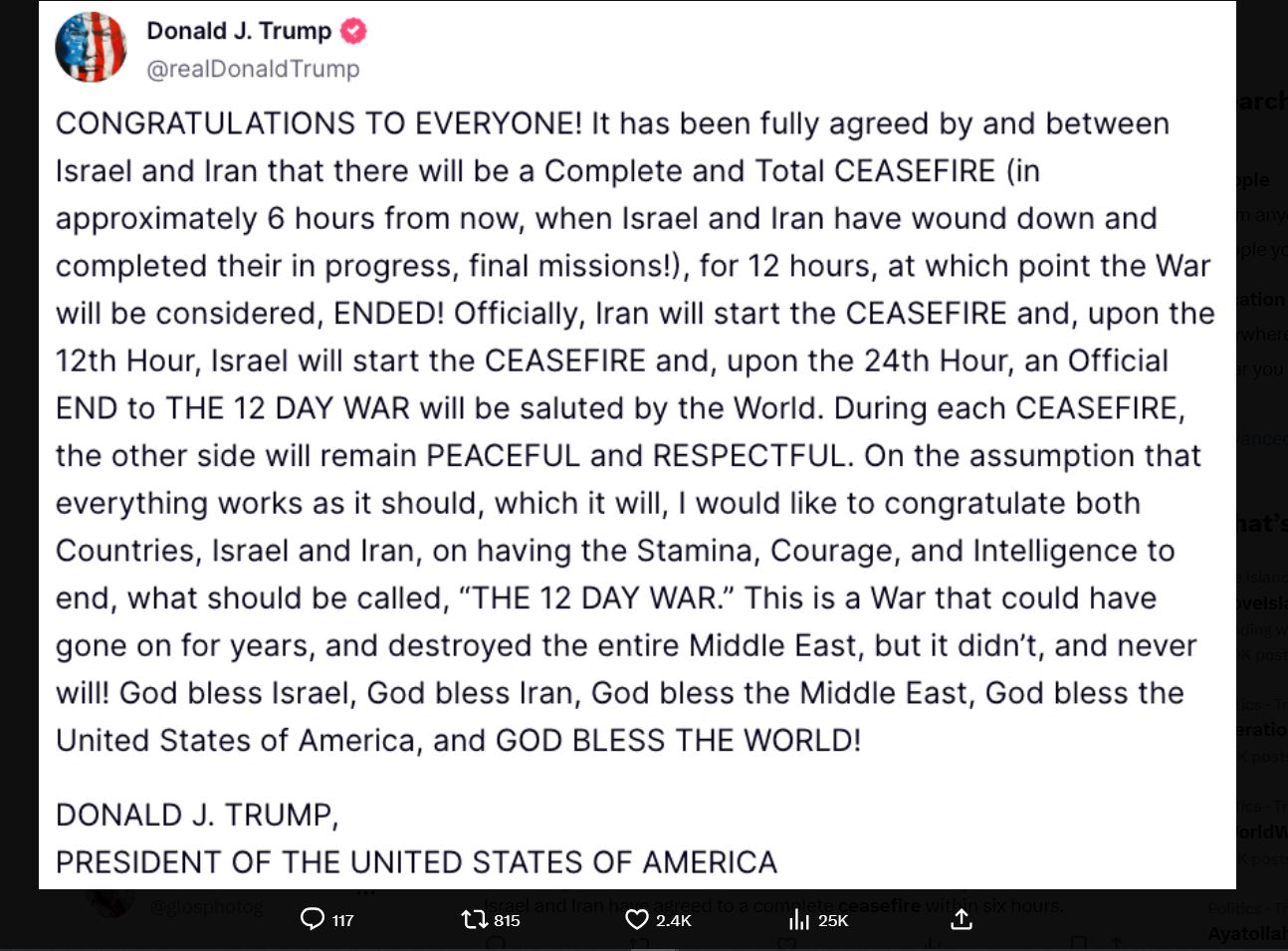 Screenshot of Donald Trump's tweet announcing a ceasefire between Israel and Iran.