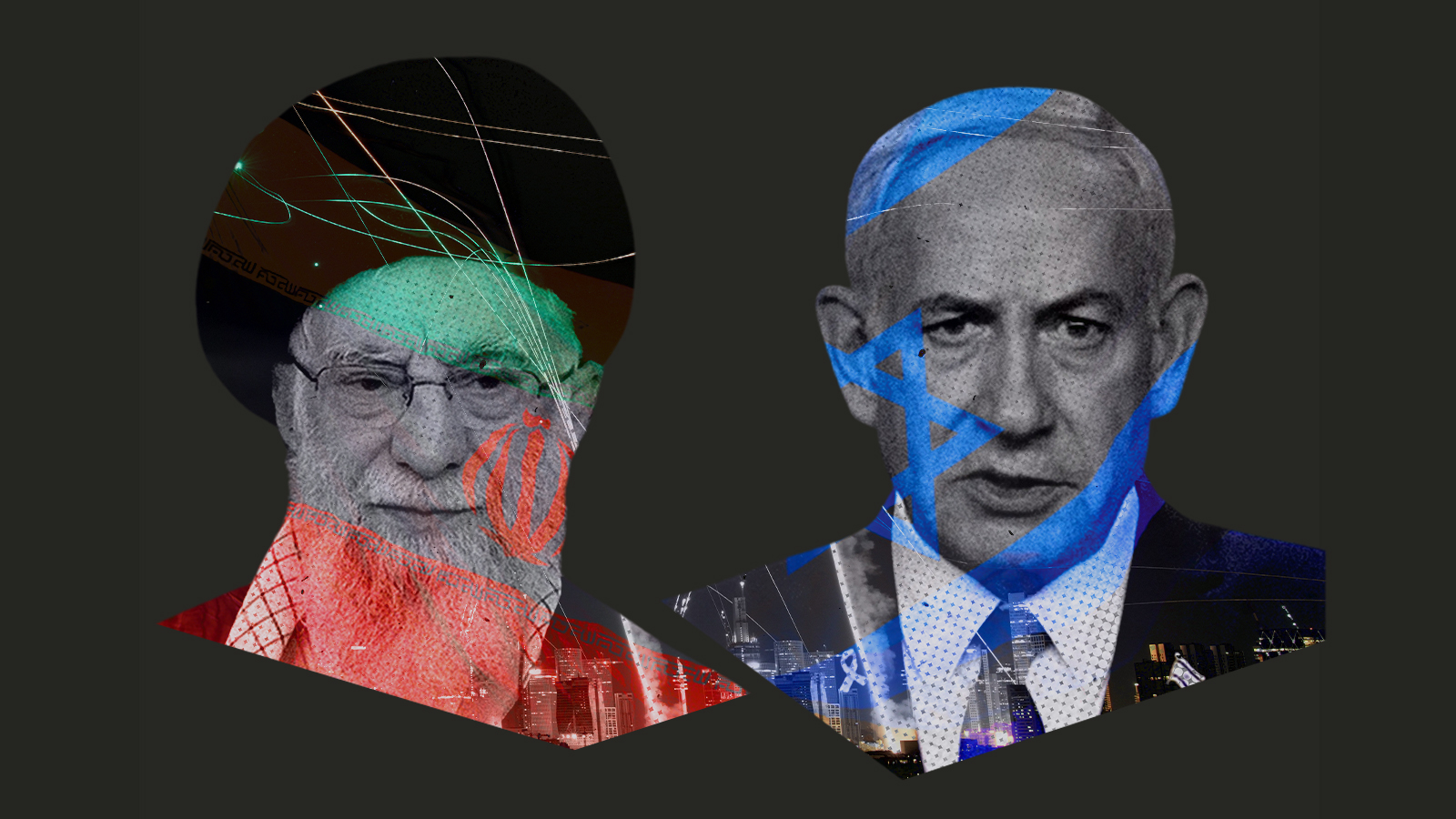Illustration of Iranian President Raisi and Israeli Prime Minister Netanyahu's faces superimposed over cityscapes.