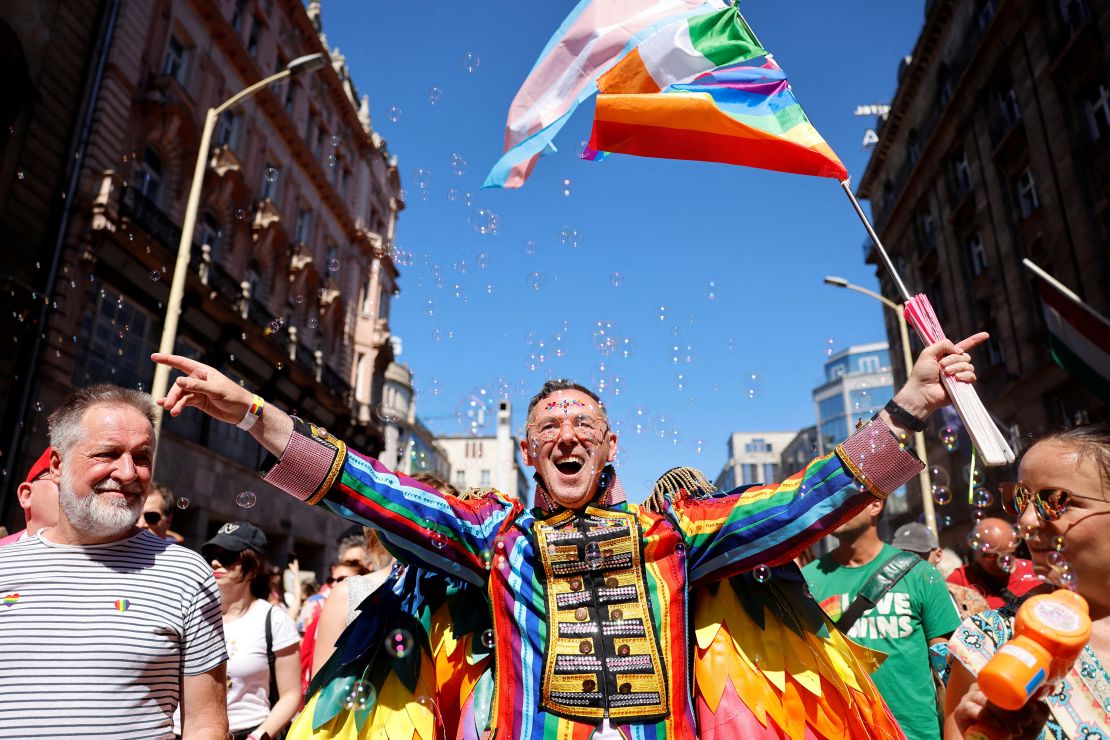 A participant celebrates during the Budapest Pride March in the Hungarian capital.