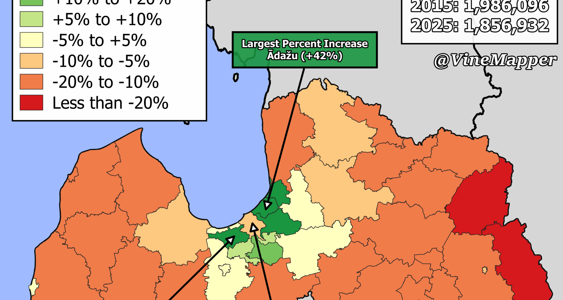 Percent Change In Population By Latvian Municipality (2015-2025)