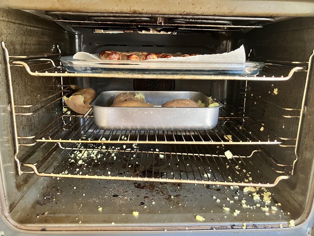 Heard a boom from the oven, one of the jackets had exploded and left the baking tray