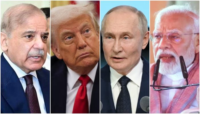 (From left to right) PM Shehbaz Sharif, US President Donald Trump, Russian President Vladimir Putin, Indian PM Narendra Modi. — Facebook@Mian Shehbaz Sharif/Reuters/File